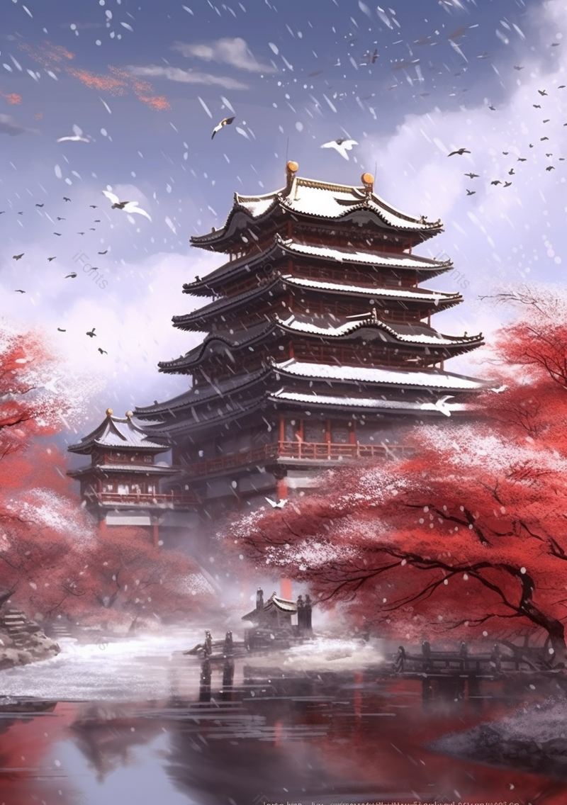 鹅毛大雪红色树叶建筑风景插画,插画/手绘图,插画/手绘图库,插画/手绘图下载,插画/手绘